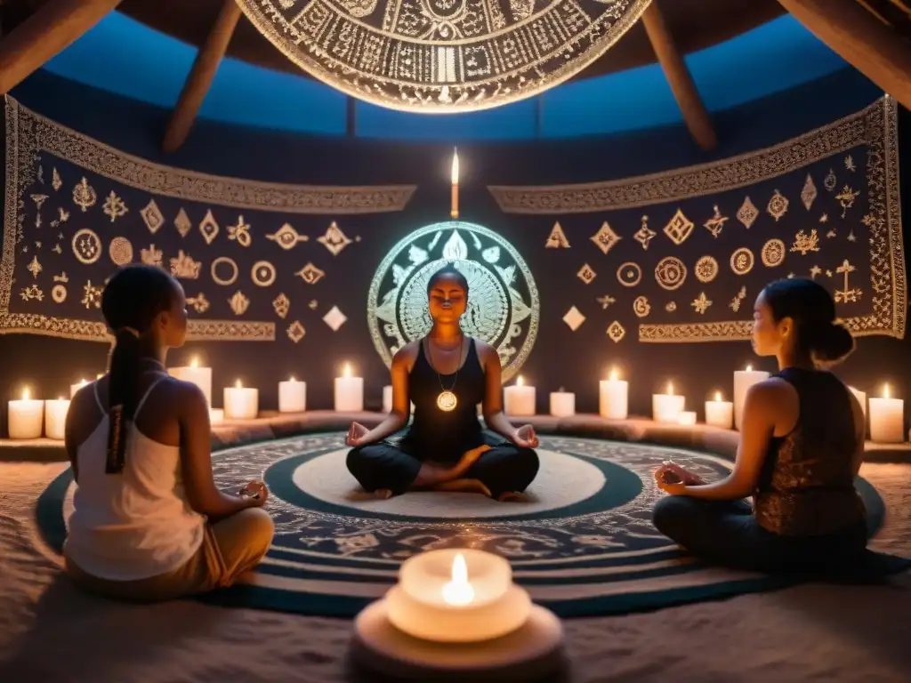 Meditación trascendental en círculo esotérico iluminado por velas con símbolos antiguos y cristales