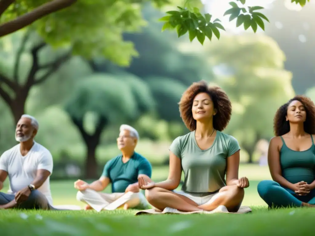 Meditación trascendental: Grupo en paz practicando en un parque verde, unidos en armonía y serenidad