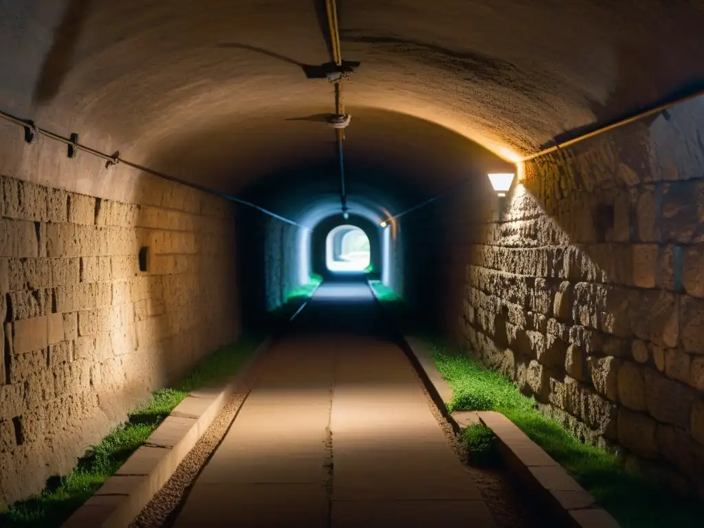 Un túnel subterráneo iluminado débilmente, con sombras que crean misterio