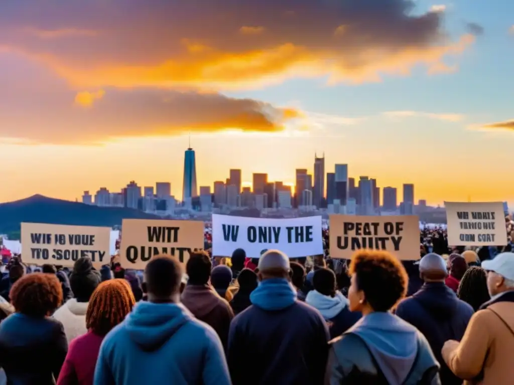 Manifestación diversa bajo atardecer dramático: unidos por el cambio Unidos ante tránsitos planetarios significativos, sociedad diversa y determinada se une en protesta pacífica bajo un cielo dramático al atardecer