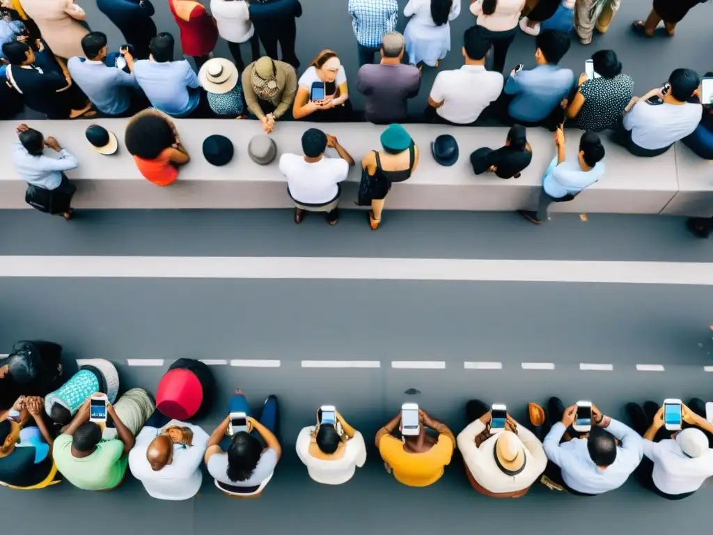 Una urbe bulliciosa de diversas edades y culturas absortas en sus móviles, reflejando la manipulación de la percepción pública