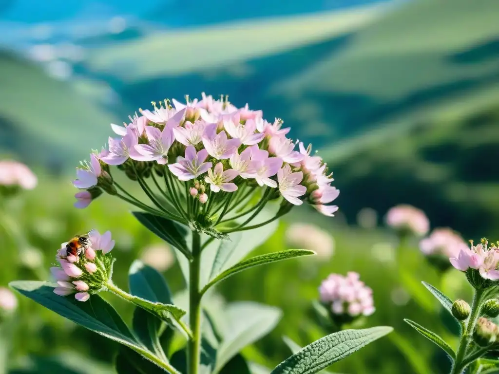 Valeriana en floración en prado verde, con abejas y paisaje sereno