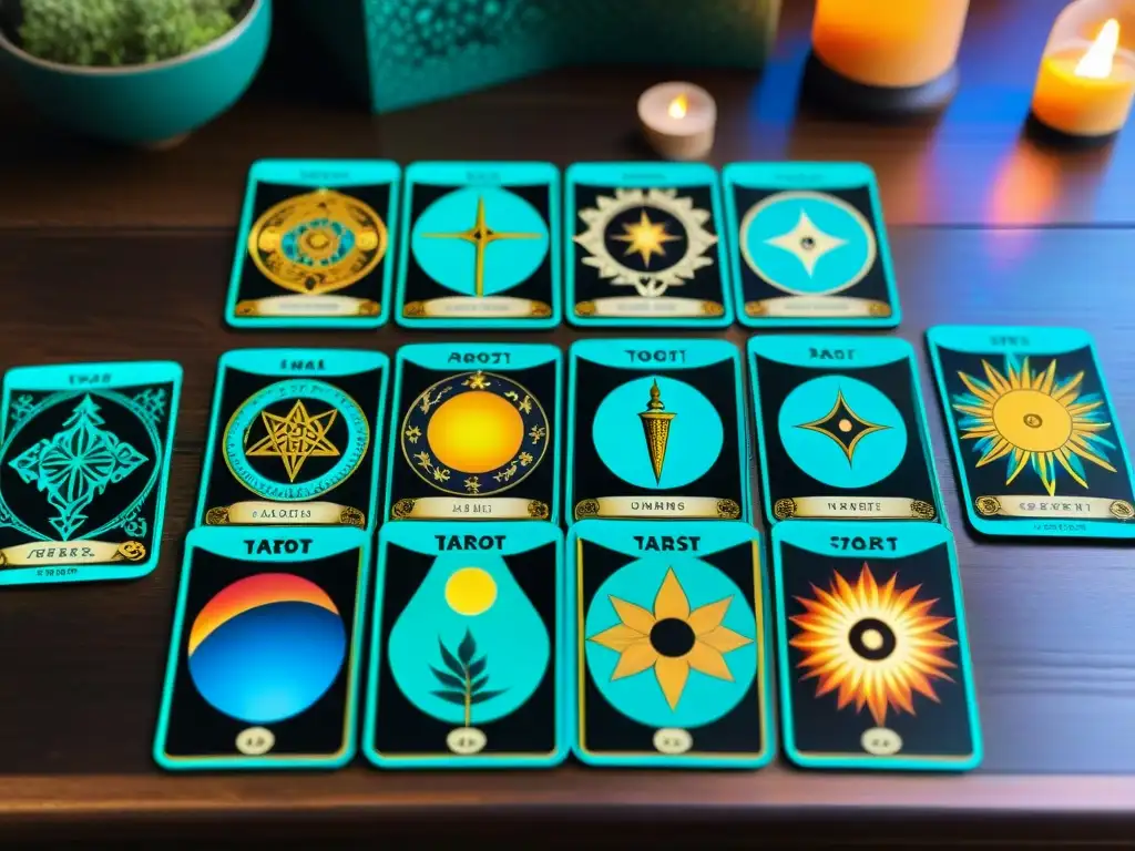 Variadas barajas de Tarot sobre mesa de madera, con detallados diseños representando energías y símbolos