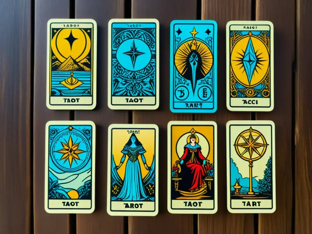 Variedad de mazos tarot en mesa de madera iluminada, invita a elegir