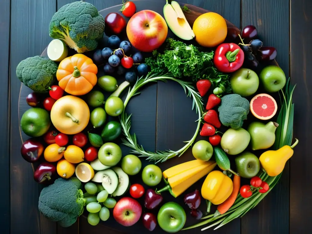 Una variedad vibrante de frutas y verduras frescas colocadas en un patrón circular sobre una mesa de madera oscura