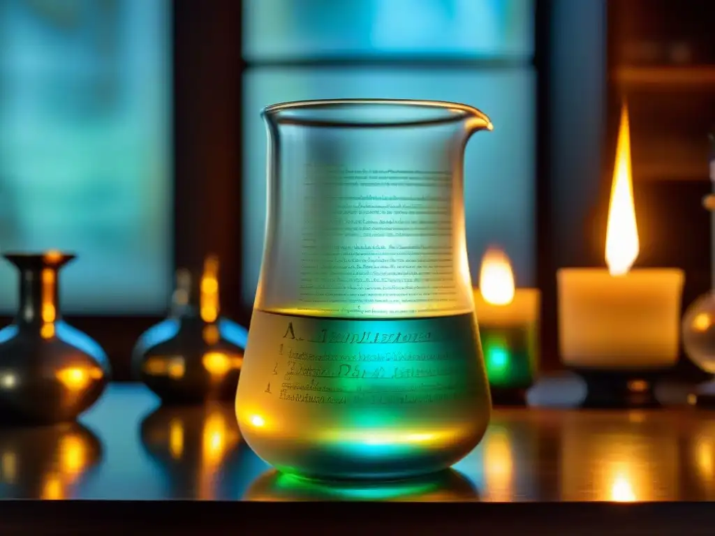 Un vaso de Berzelius en una atmósfera alquímica misteriosa, iluminado por la luz de las velas