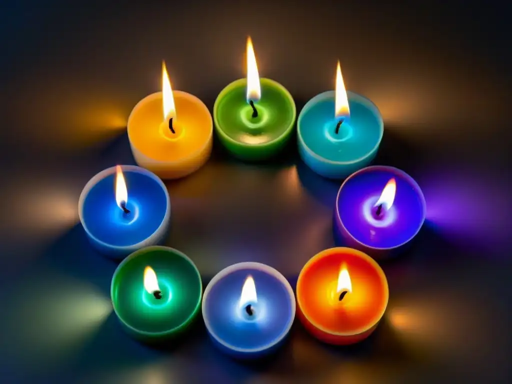 Siete velas de colores brillantes en círculo sobre superficie oscura, significado velas siete colores