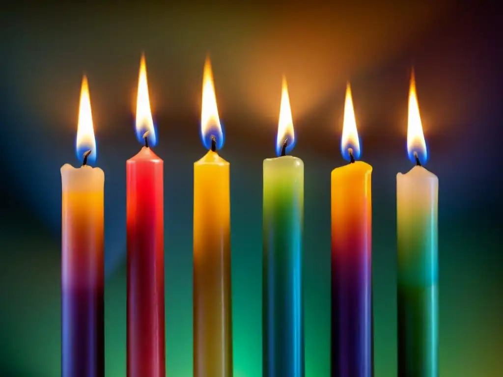 Siete velas de colores ardiendo, cada una con un significado espiritual único