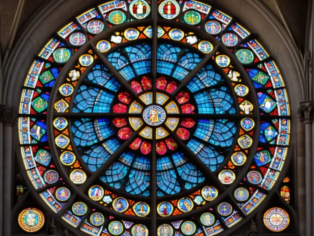 Ventana rosa detallada de la Catedral de Chartres con influencia Rosacruz en arquitectura sagrada