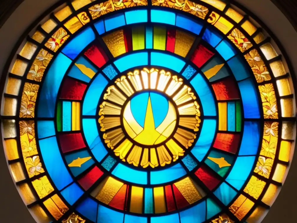 Una ventana de vidrio en una catedral antigua, con símbolos iluminación espiritual arte en colores vibrantes y luz solar