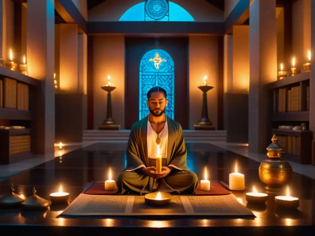 Viaje interior en el Rosacrucianismo: Meditación en un templo místico iluminado por velas, lleno de símbolos y artefactos esotéricos