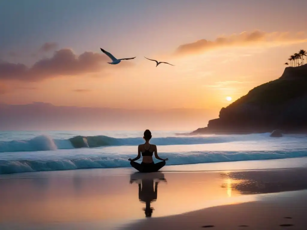 Un viaje de luna de miel astrológico: un atardecer soñador en una playa solitaria, donde un figura practica yoga bajo el cielo pastel