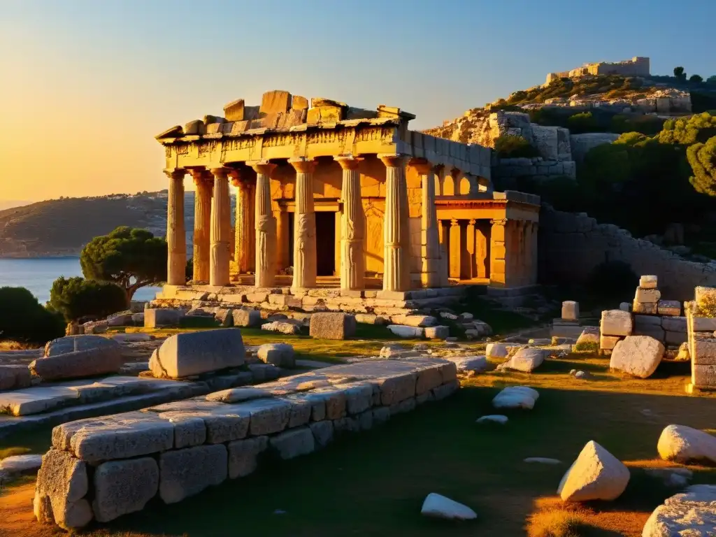 Un viajero admira los Misterios Eleusinos en Grecia, con ruinas bañadas en luz dorada al atardecer