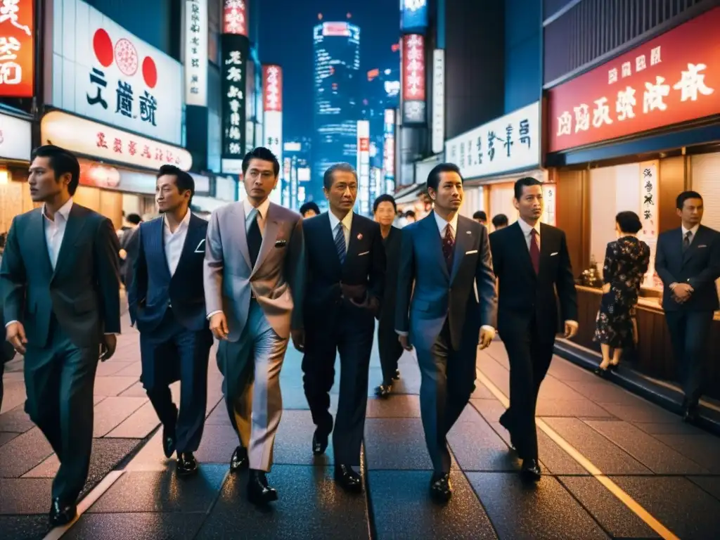 Vibrante calle de Tokio de noche con Yakuza y arquitectura tradicional, reflejando la influencia de los Yakuza actualmente