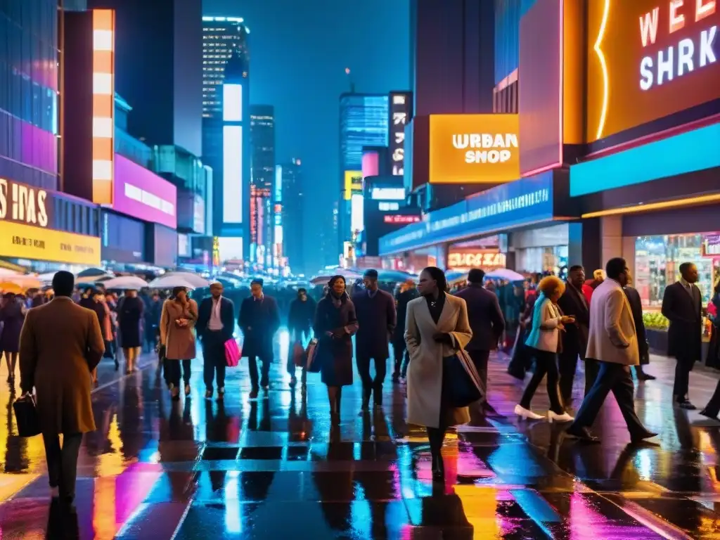 Vibrante calle nocturna en la ciudad, reflejando luces neón en el pavimento mojado, con diversidad de personas y modernidad urbana