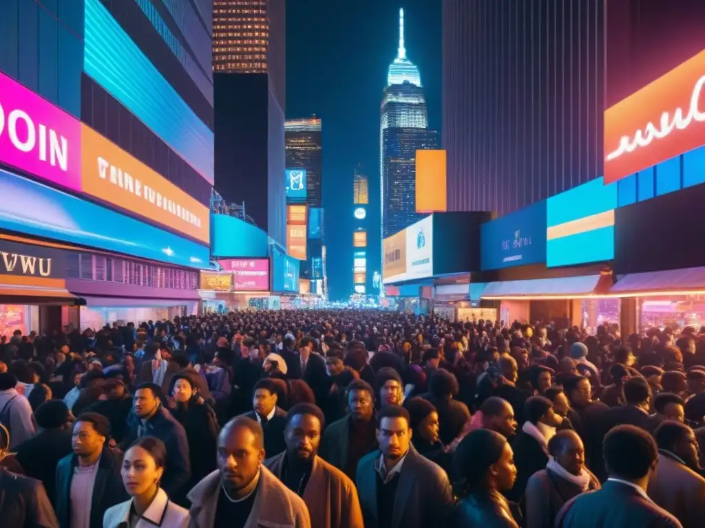 Vibrante ciudad nocturna, gente diversa y luces neón en medio de la moderna sociedad