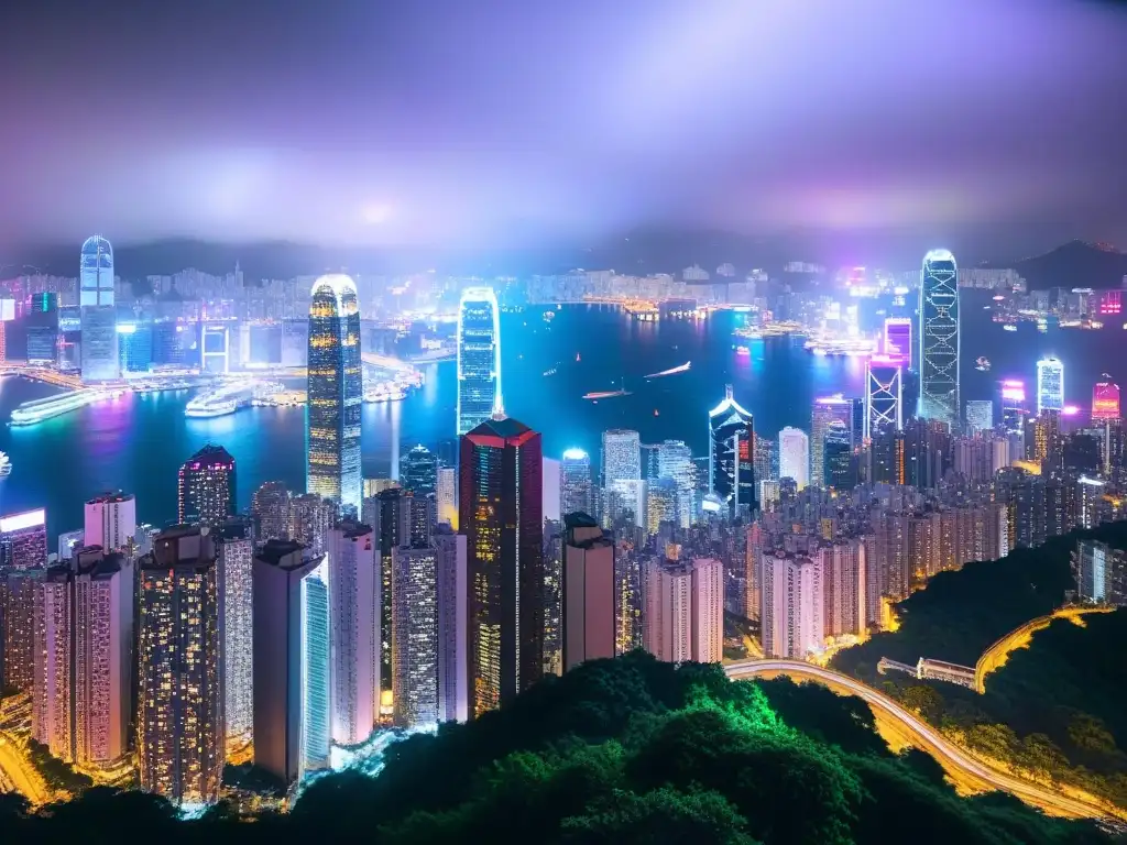 Vibrante ciudad nocturna de Hong Kong, con rascacielos iluminados y calles bulliciosas