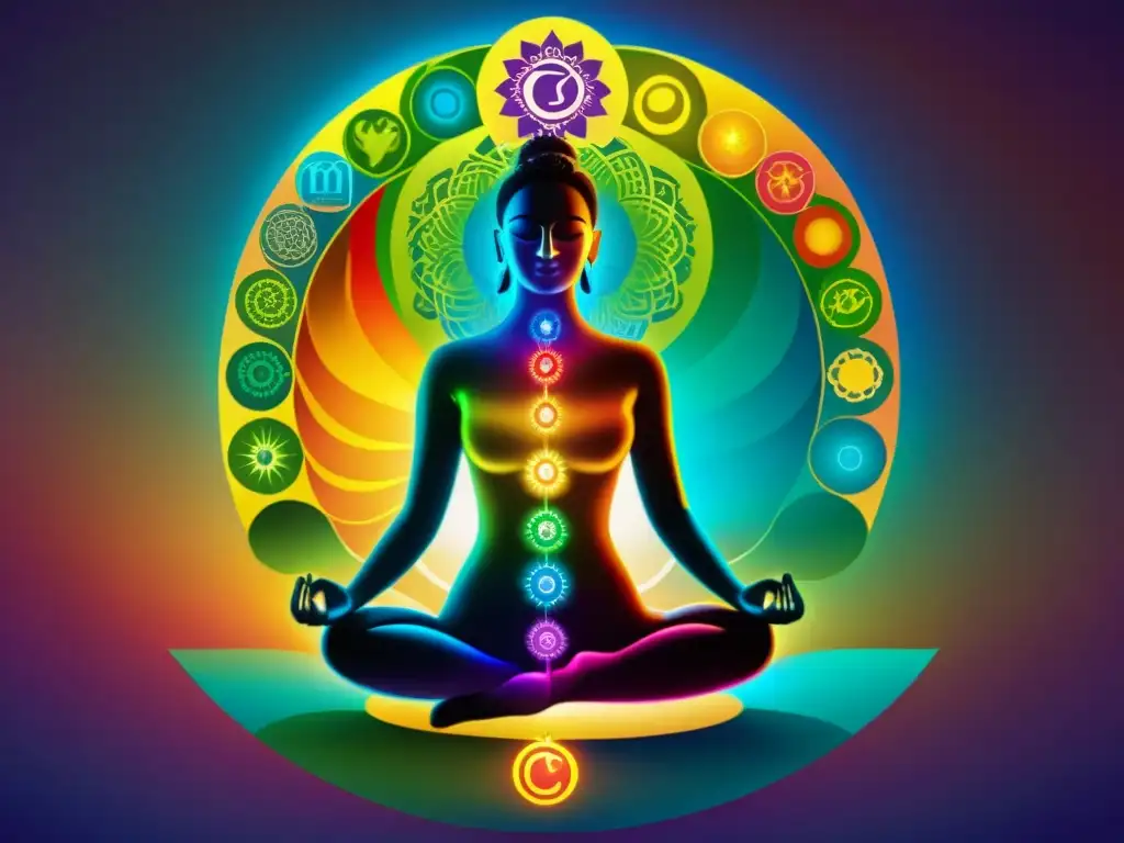 Vibrante ilustración detallada de los siete chakras principales alineados en el cuerpo humano