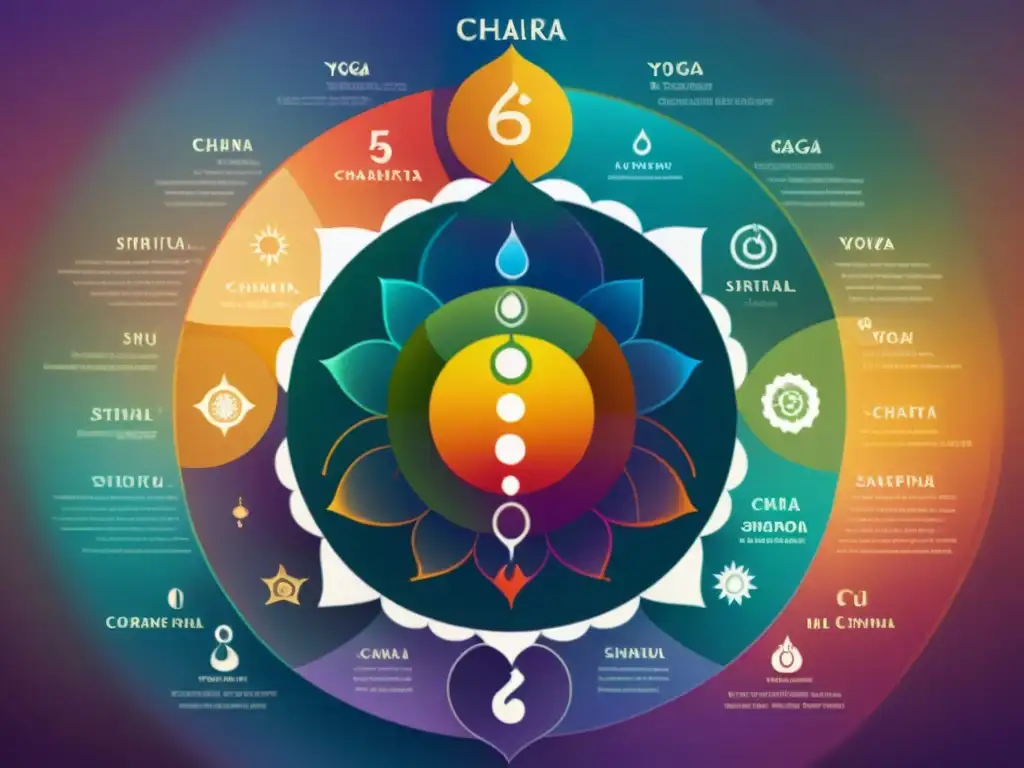 Vibrante y detallado gráfico de los siete chakras con colores, símbolos y elementos, sobre un fondo difuminado de un estudio de yoga sereno