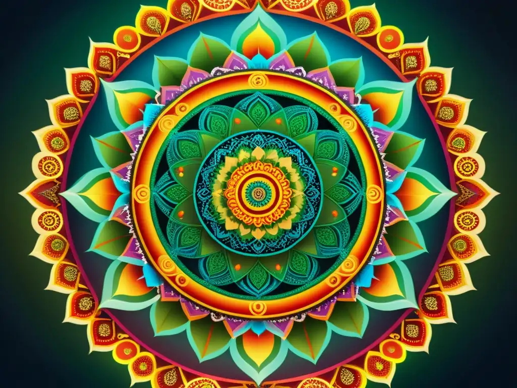 Mandala vibrante y simbólico: ciclo de vida en colores y patrones Un mandala vibrante con elementos simbólicos que representan la vida y la influencia de sociedades secretas en rituales