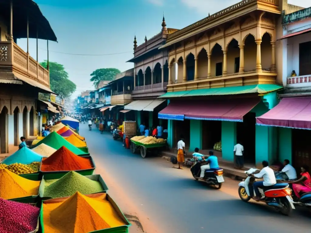 Arquitectura Chettiar: tradición y modernidad en la India Vibrante escena callejera en Chettinad, India: arquitectura tradicional, colores intensos de vendedores y elegantes Chettiars