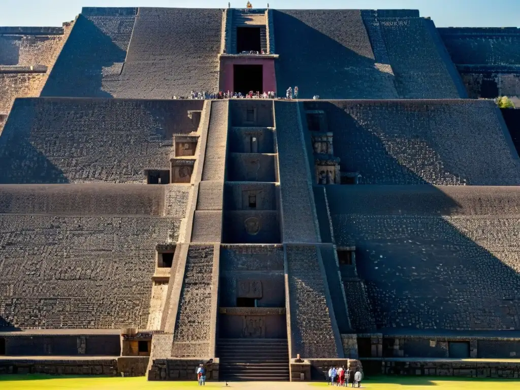 Vibrante imagen de la majestuosa Pirámide del Sol en Teotihuacán, México, con visitantes maravillados a su base