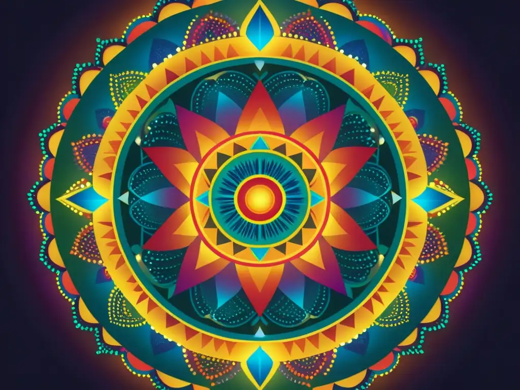 Mandala vibrante inspirado en los Siete Rayos fuerzas espirituales, con colores y patrones geométricos intrincados