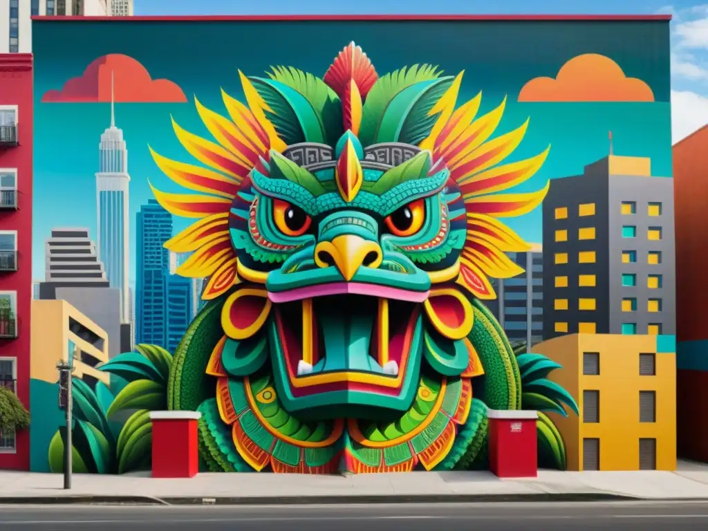 Mural de Quetzalcoatl: fusión urbana y ancestral Vibrante mural de Quetzalcoatl entrelazado con elementos urbanos, símbolos mesoamericanos y arte contemporáneo en la ciudad
