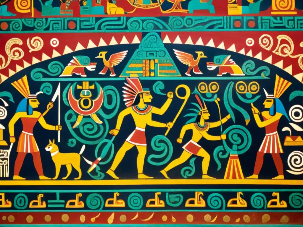 Vibrante mural de Teotihuacán con símbolos antiguos y figuras, colores ricos y significado simbólico frescos antiguos