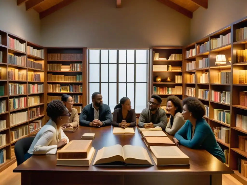 Vibrante discusión sobre educación, cultura y Masonería en una sala iluminada por la luz dorada con libros y textos antiguos en la mesa de madera