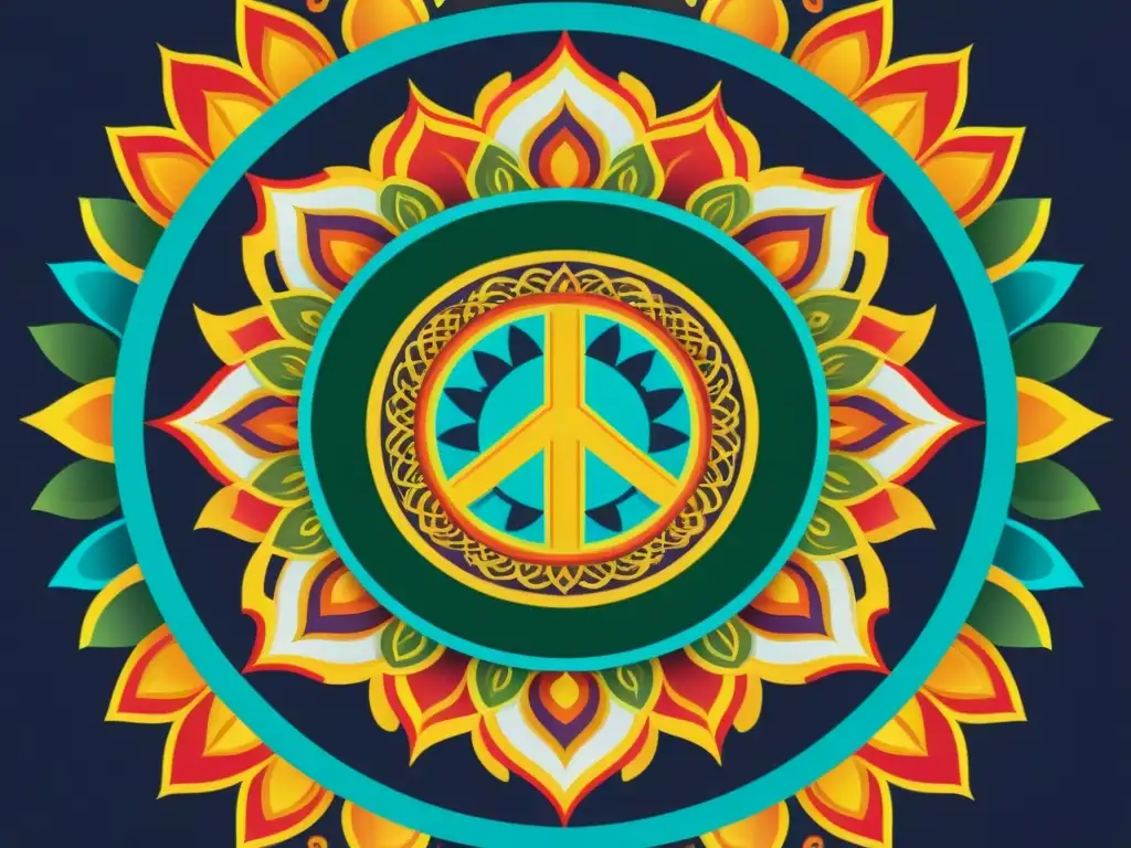 Un mandala vibrante con símbolos sagrados que influencian la vida cotidiana, simbolizando unidad y armonía entre diversas creencias