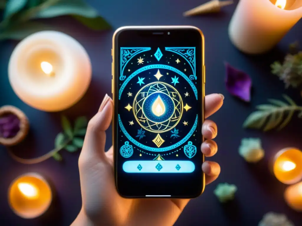 Vibrante tarjeta de Tarot digital en pantalla de smartphone, entre manos con joyas, luz de velas y elementos místicos