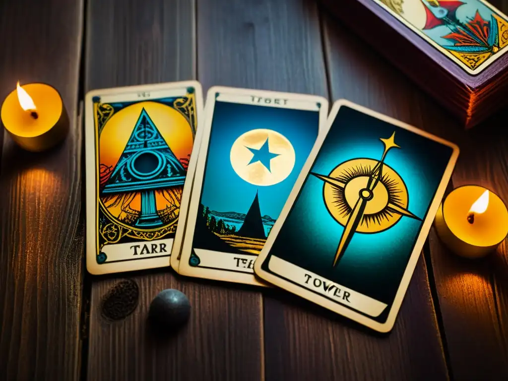 Vibrante Tarot desgastado en mesa de madera: Simbología profunda del Tarot en el arte