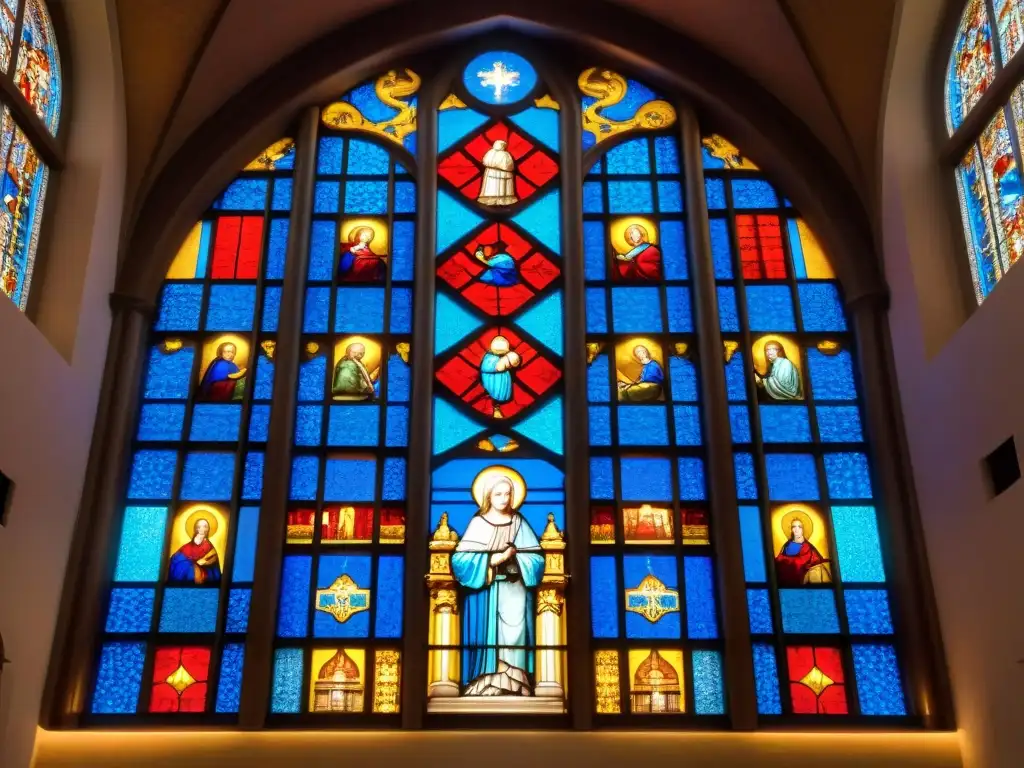 Vibrante vitral de la Catedral de Milán: escenas religiosas en rojo, azul y oro, misterio en cada panel