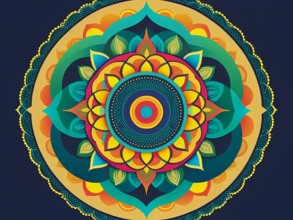 Mandala de vibrantes colores y patrones geométricos, simbolizando la interconexión de la vida y el universo