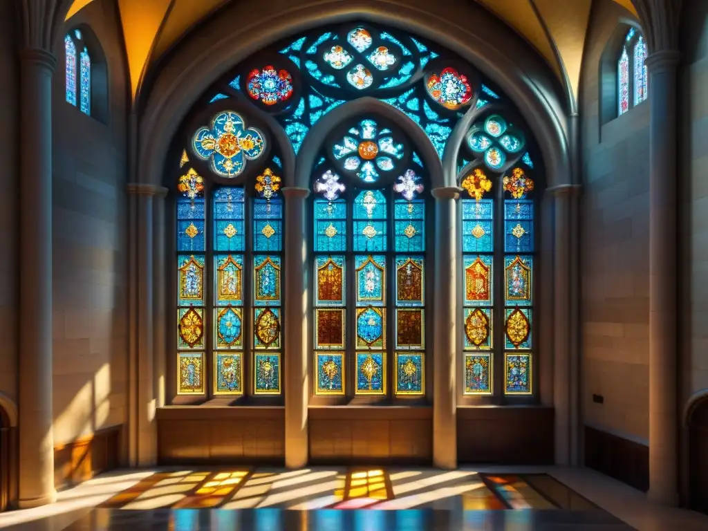 Vibrantes vidrieras de catedral revelan símbolos ocultos en arquitectura, creando atmósfera mística