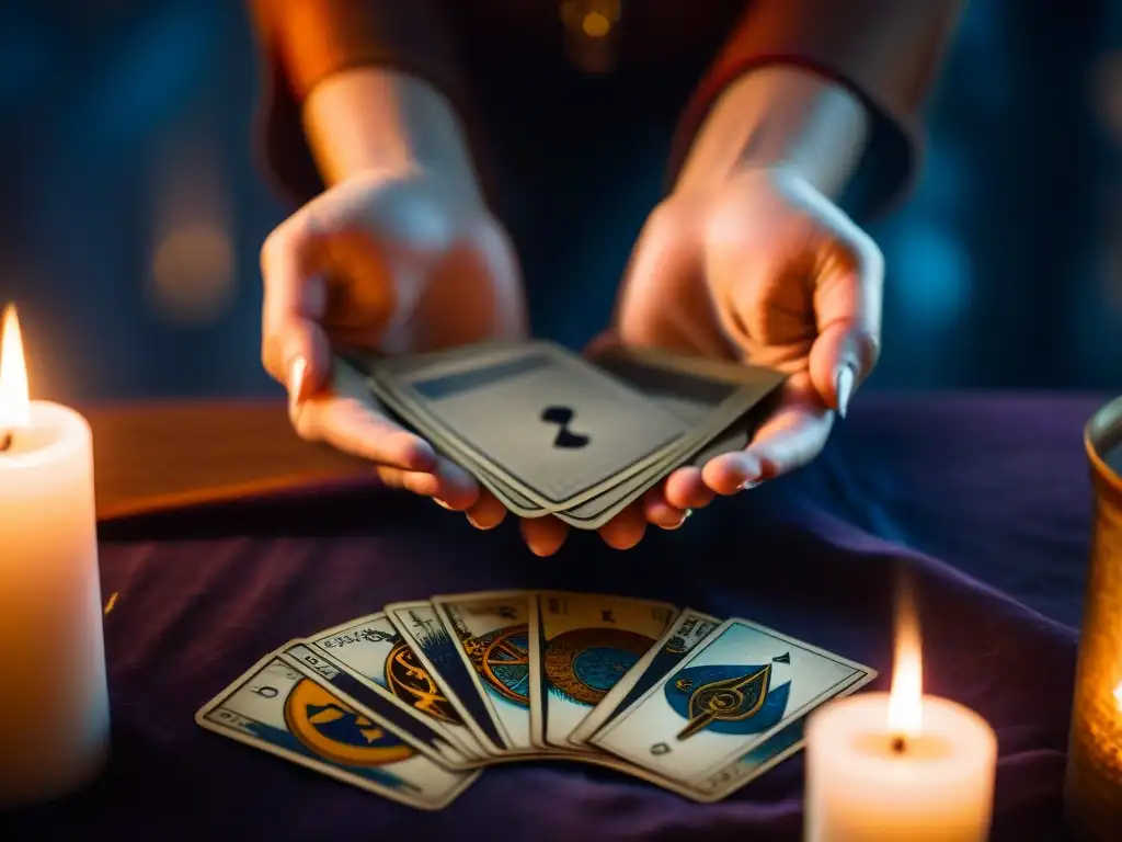 Un vidente revela el arcano de la Muerte en el tarot, con iluminación tenue y símbolos misteriosos