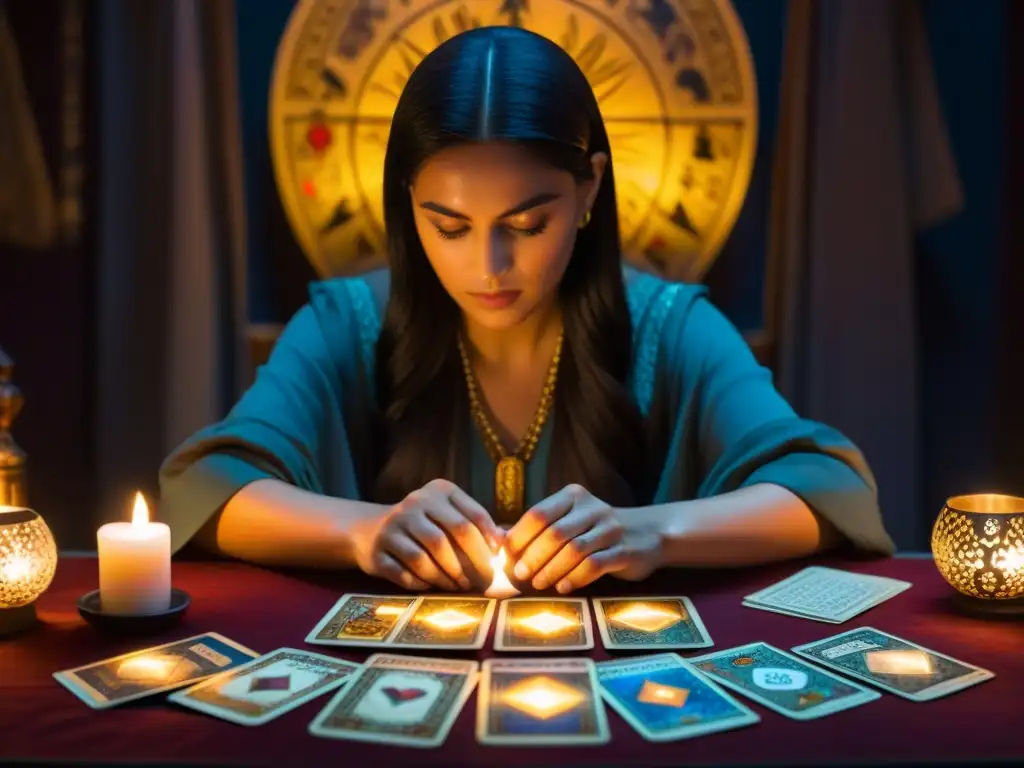 Un vidente enigmático realiza predicciones criptomonedas tarot financiero con cartas antiguas y luz de velas