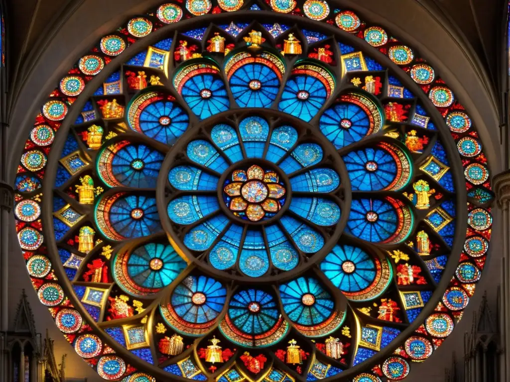 Vidriera rosácea de la Catedral de Chartres, muestra la influencia Rosacruz en arquitectura sagrada con colores vibrantes y patrones geométricos