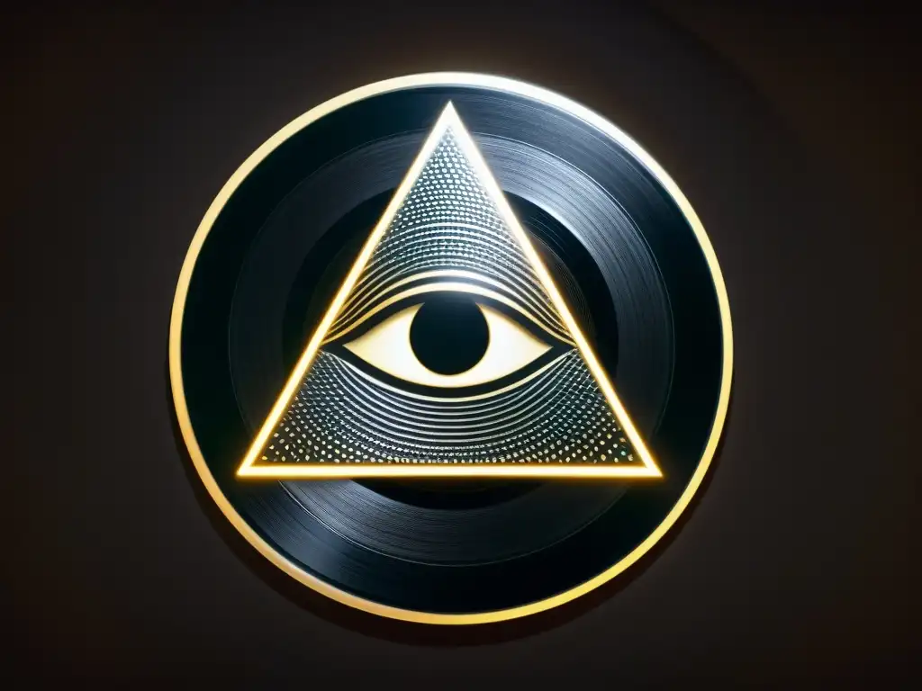 Vinilo con símbolo Illuminati en misterioso fondo iluminado por foco, reflejando influencia Illuminati en industria musical