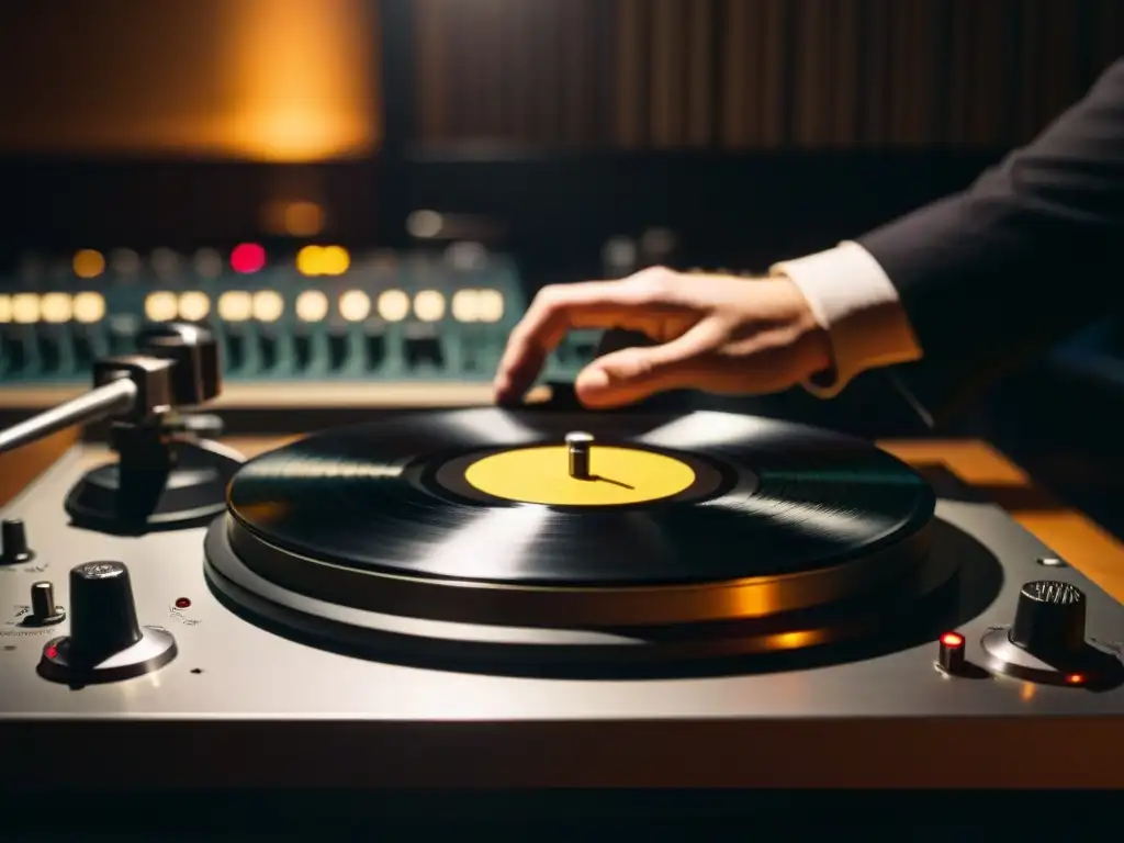 Un vinilo gira en un tocadiscos mientras una figura sombría ajusta controles en una mesa de mezclas, en un estudio de grabación misterioso