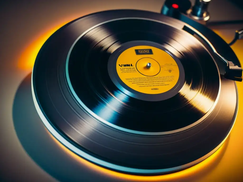 Un vinilo girando en un tocadiscos, iluminado por una luz cálida, revelando sus detalles con misterio