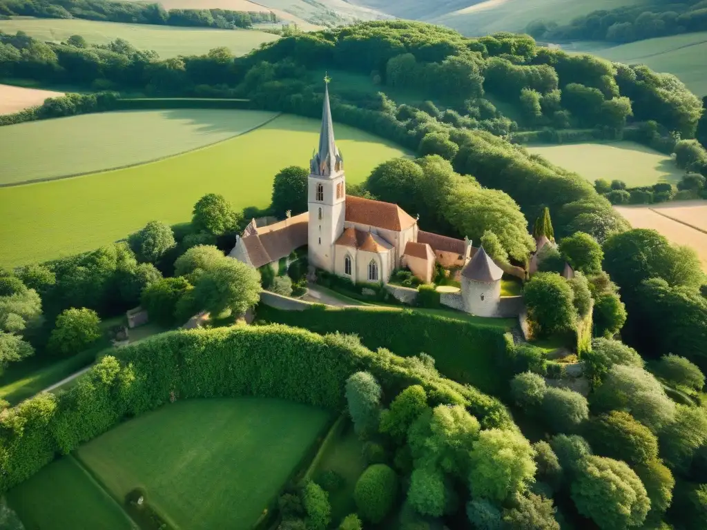 Vista aérea de Rennes-le-Château, con la aldea antigua y la iglesia misteriosa iluminadas por una luz etérea