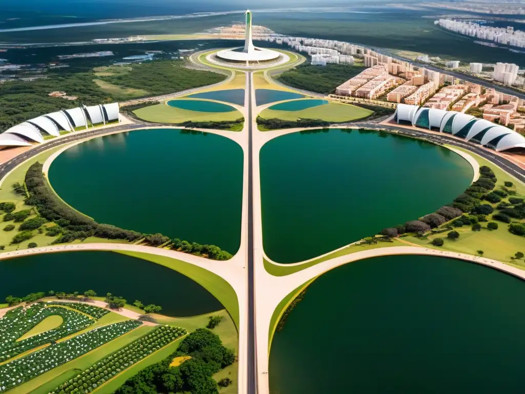 Vista aérea de Brasilia, con mensajes ocultos en su diseño urbano futurista y arquitectura moderna, en armonía con la naturaleza