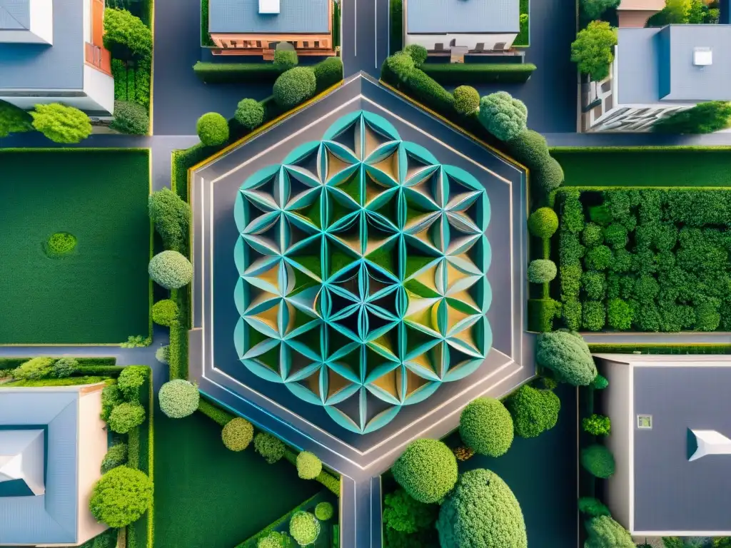 Vista aérea de ciudad con diseño urbano inspirado en geometría sagrada