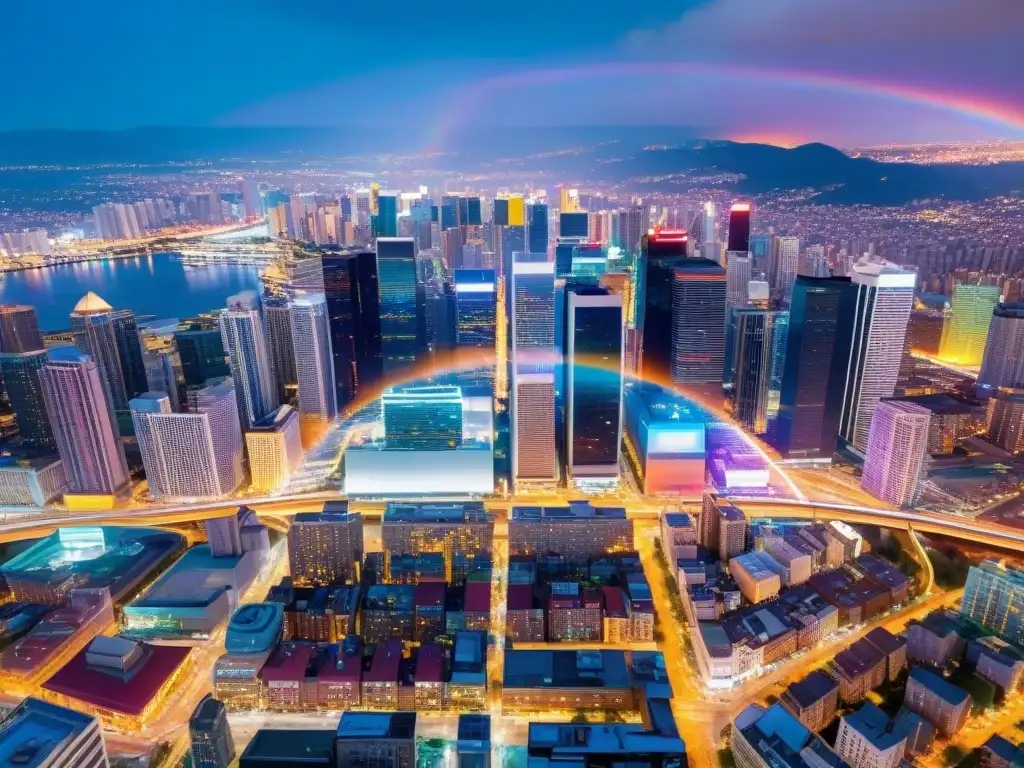 Vista aérea de ciudad nocturna iluminada por rascacielos en colores vibrantes
