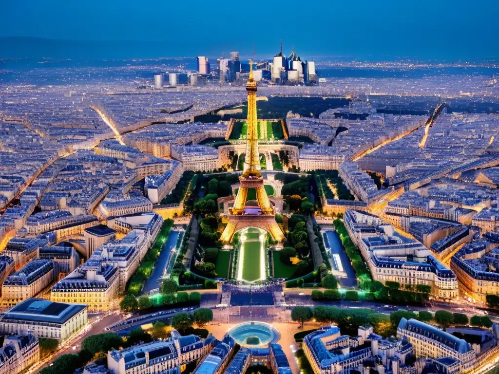 Vista aérea detallada de París de noche, revelando sus misteriosas sociedades secretas y la red iluminada de calles y monumentos