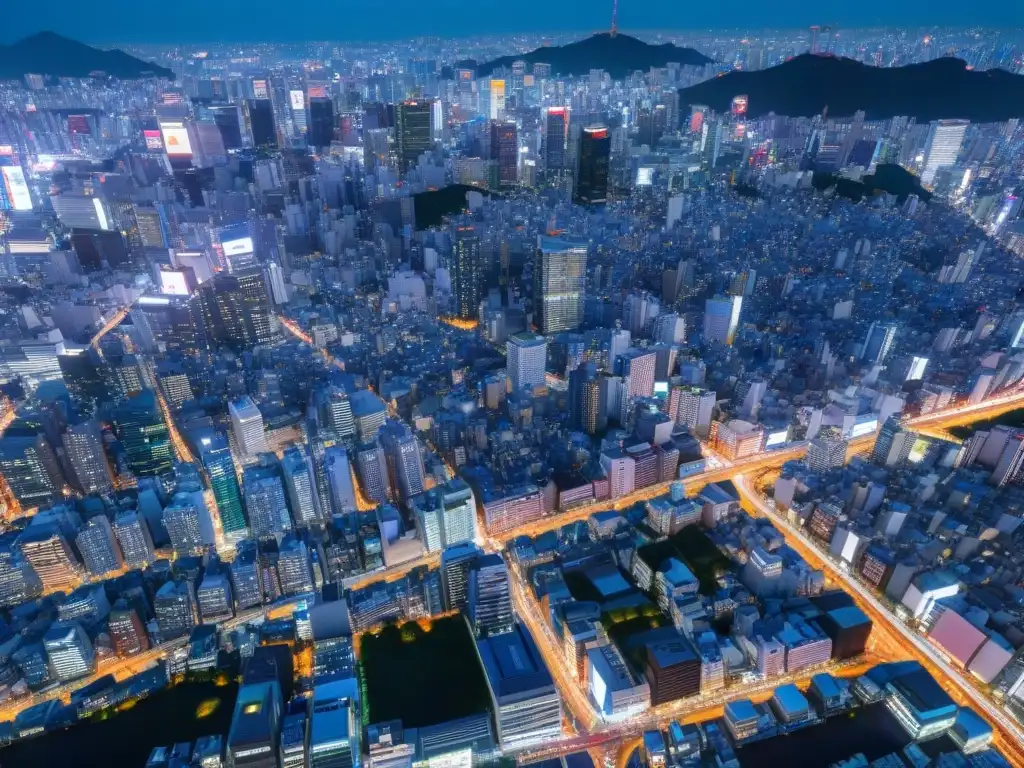 Una vista aérea detallada de Tokio de noche, con redes de calles iluminadas y rascacielos