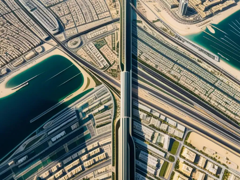 Vista aérea detallada de Dubái con sociedades secretas entrelazadas en la arquitectura urbana