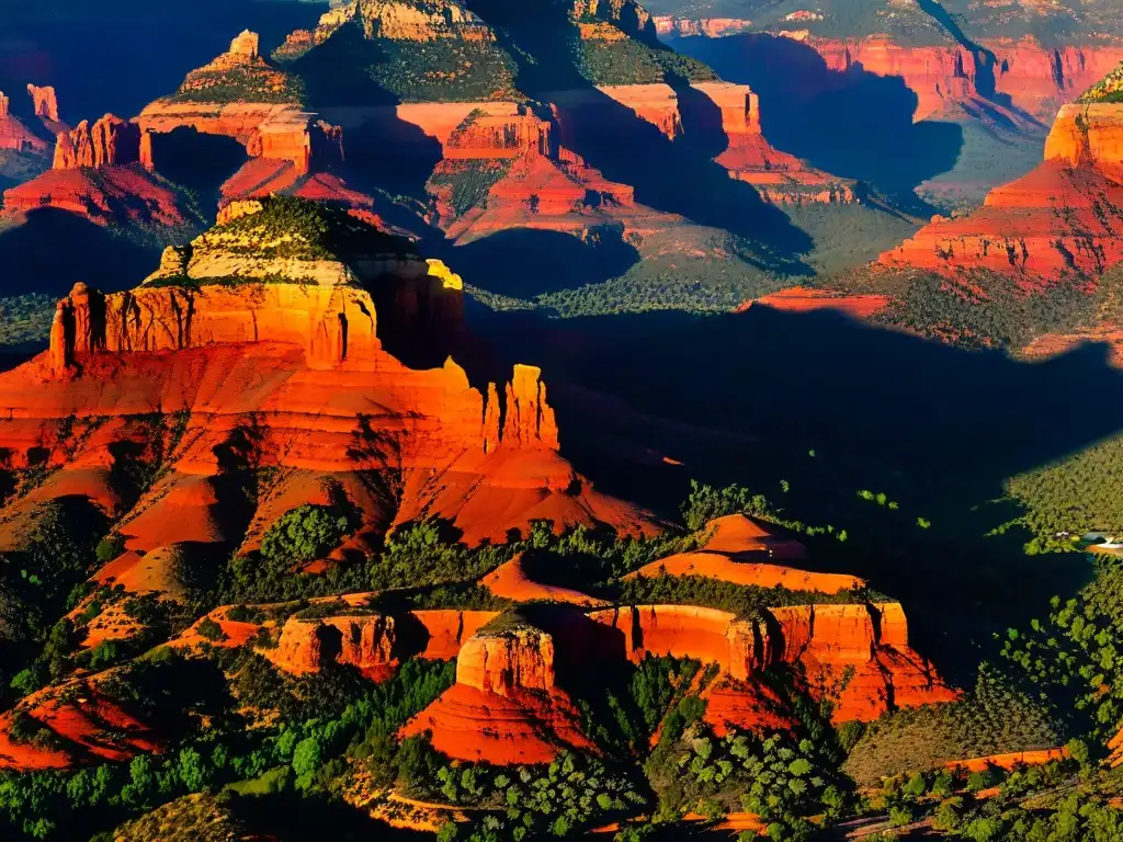 Vista aérea impresionante de las formaciones rocosas rojas de Sedona, iluminadas por el cálido sol